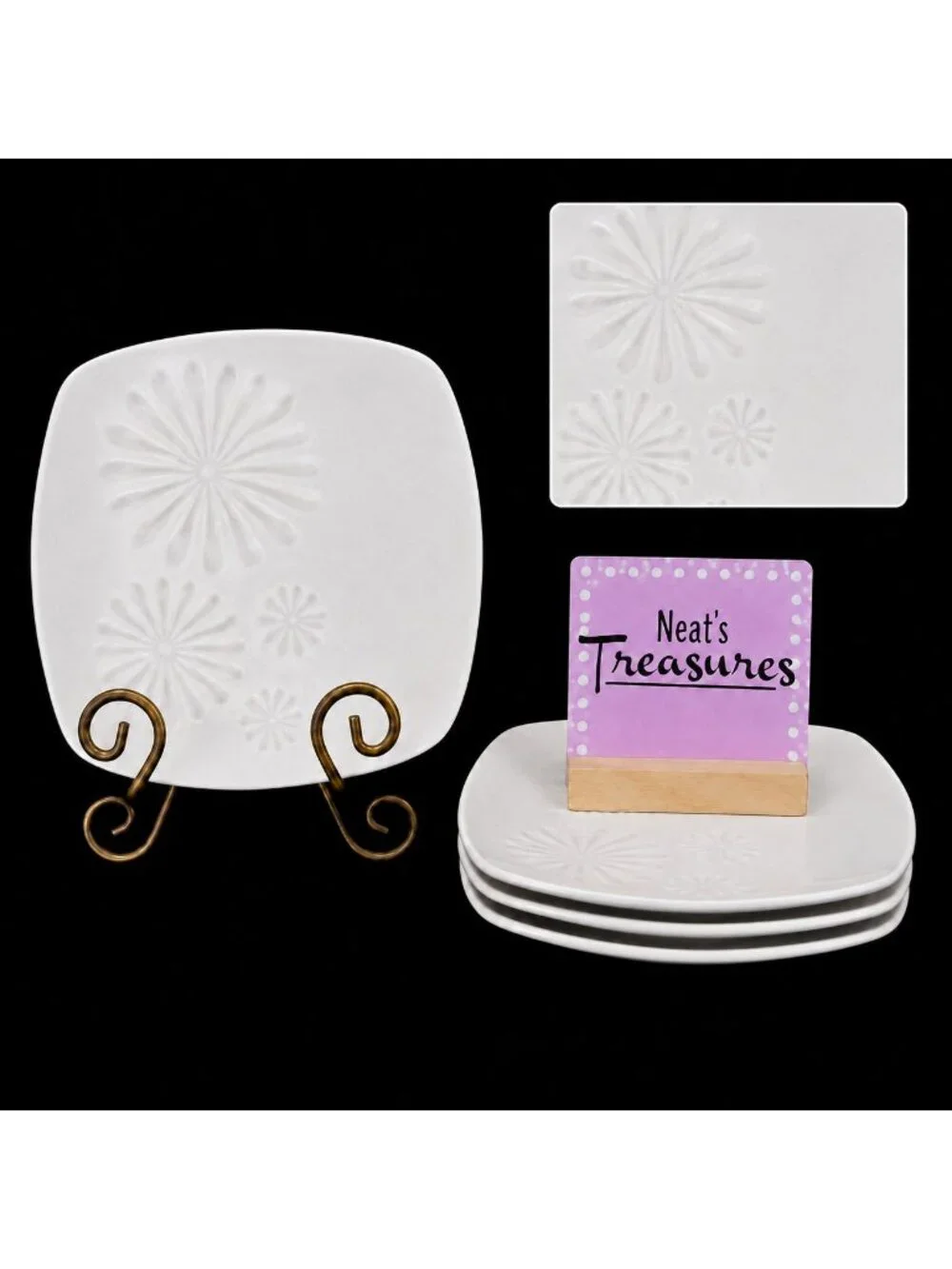 222 Fifth ALICE PLATINUM Silver Mica Flower White Square China Salad Plate Set 4